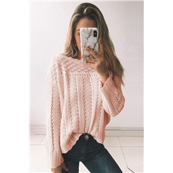 Розовый вязаный свитер крупной вязки с заниженными плечами и перфорацией