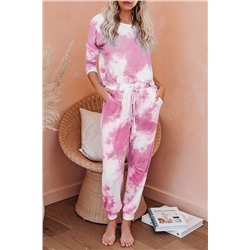 Легкий розово-белый вязаный комплект: блуза + джоггеры