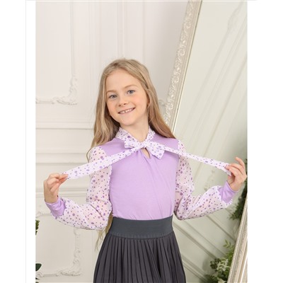 Сиреневый джемпер(блузка)для девочки с бантом-галстуком 809222-ДНШ21