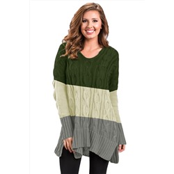 Трехцветный вязаный свитер-туника: зеленый, бежевый, серый