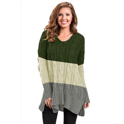 Трехцветный вязаный свитер-туника: зеленый, бежевый, серый