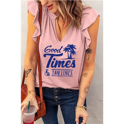 Розовый топ с оборками на плечах и надписью: Pink Good Times & Tan Lines