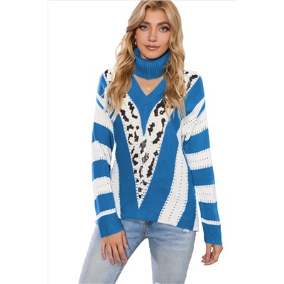 Бело-голубой полосатый свитер-водолазка с фигурным вырезом и леопардовым принтом