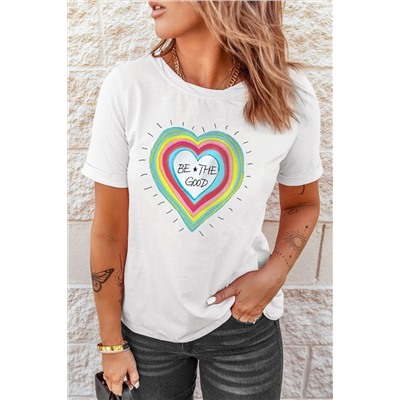 White Be The Good Heart-shaped Print Short Sleeve T Shirt