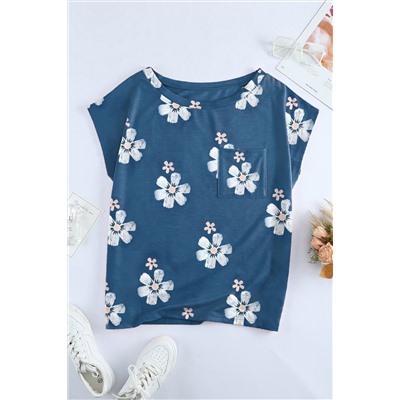 Blue Floral Cap Sleeve T-Shirt with Pocket