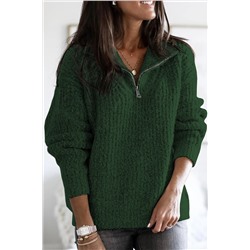 Зеленый свитер крупной вязки с воротником на молнии