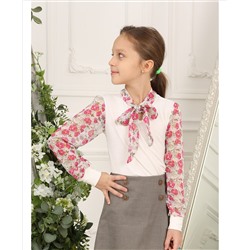 Молочный джемпер(блузка)для девочки с бантом-галстуком 809225-ДНШ21