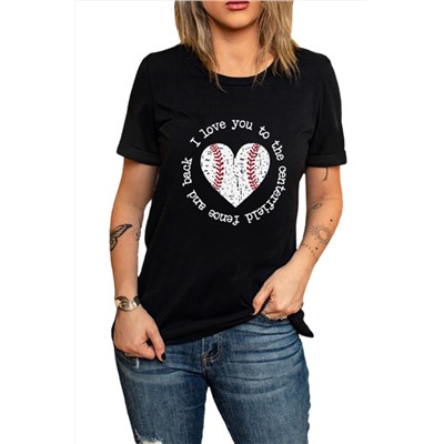 Black Baseball Heart-shaped Letter Print Short Sleeve T Shirt