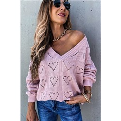 Розовый свитер с V-образным вырезом и перфорацией в форме сердечек
