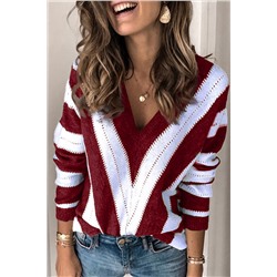 Красно-белый вязаный пуловер-свитер с V-образным вырезом и полосками