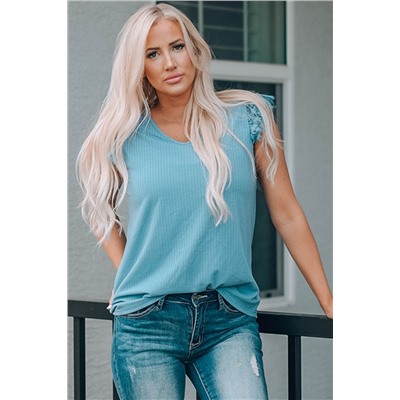 Sky Blue Ruffled Lace Ribbed Knit Top