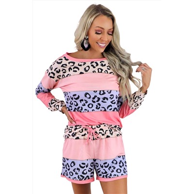 Leopard Stitching Colorblock Long Sleeve and Shorts Lounge Set