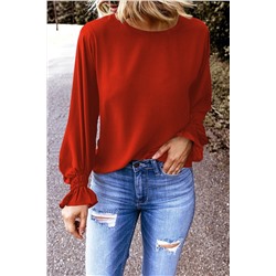 Red Crew Neck Ruffle Bubble Sleeve Top
