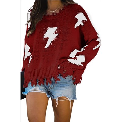Красный свитер с бахромой и принтом молнии