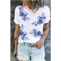 White Floral Print Crew Neck Short Sleeve Graphic Tee