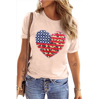 Pink American Flag Leopard Heart Shape Print Graphic Tee