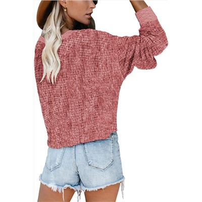 Розовый вязаный пуловер-свитер с V-образным вырезом и запахом