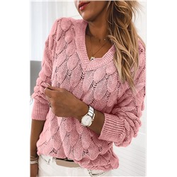 Розовый вязаный свитер крупной вязки "под перья" с V-образным вырезом