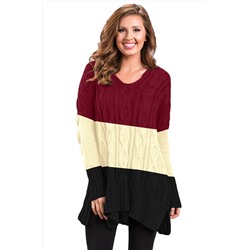 Трехцветный вязаный свитер-туника: красный, бежевый, черный