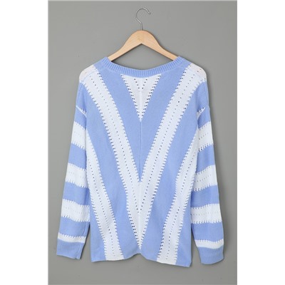 Бело-голубой вязаный пуловер-свитер с V-образным вырезом и полосками