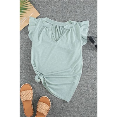 Green Casual Solid V Neck Butterfly Sleeve Blouse