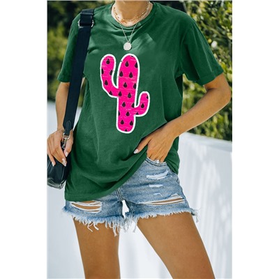 Green Cactus Pattern Print Short Sleeve T Shirt