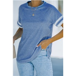 Blue Plain Colorblock Raglan Sleeve T-shirt