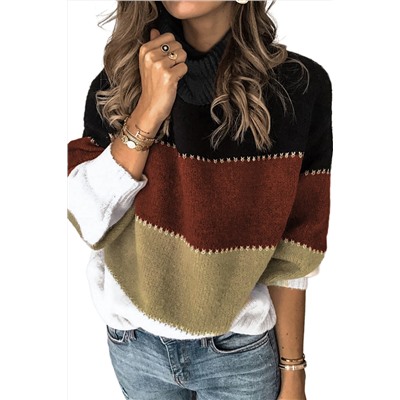 Черно-коричневый вязаный свитер с воротником под горло в разноцветную полоску