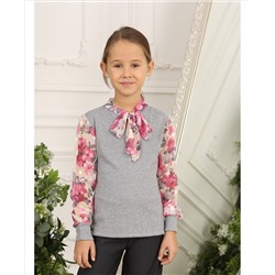 Серый джемпер(блузка)для девочки с бантом-галстуком 809223-ДНШ21