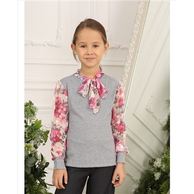 Серый джемпер(блузка)для девочки с бантом-галстуком 809223-ДНШ21