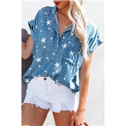 Sky Blue Star Print Chambray Short Sleeve Shirt