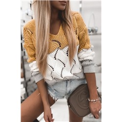Трехцветный вязаный свитер-пуловер: желтый, белый, серый