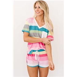 Разноцветный полосатый комплект для отдыха: футболка с нагрудным карманом + шорты