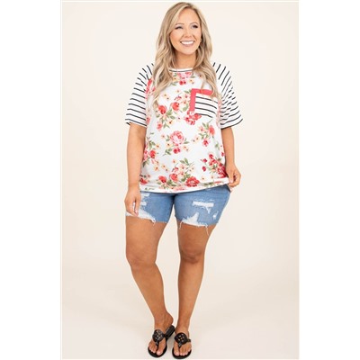 Beige Floral and Striped Plus Size Top