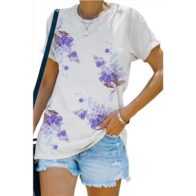 White Floral Print Crew Neck T Shirt