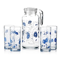"Serenada Blue" Набор для воды стеклянный 5 предметов: кувшин 1,3л, д10см, h23см, стаканов 290мл, д6см, h13см - 4шт, цветная коробка (Россия)