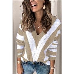 Бежево-белый вязаный пуловер-свитер с V-образным вырезом и полосками