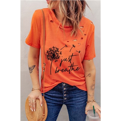 Orange Dandelion Letter Print Ripped Short Sleeve T-Shirt