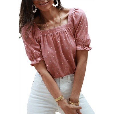 Pink Square Neck Dotted Print Puff Sleeve Blouse with Tie Back
