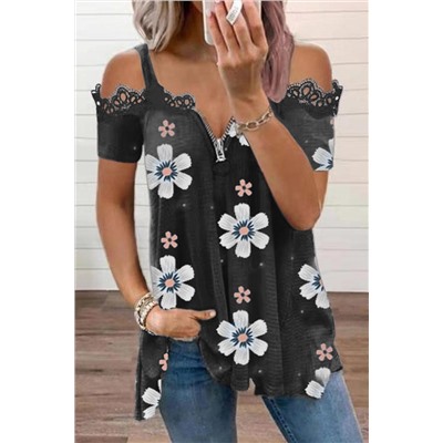 Black Floral Print Lace Contrast Zipped Cold Shoulder T Shirt