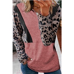 Розово-черный пуловер-свитшот с воротником на молнии и леопардовыми рукавами