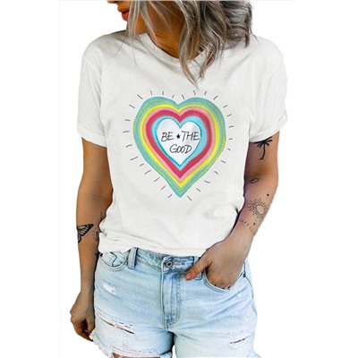 White Be The Good Heart-shaped Print Short Sleeve T Shirt