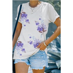 White Floral Print Crew Neck T Shirt