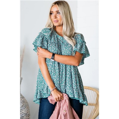 Sky Blue Plus Size Floral Tiered Top with Ruffles