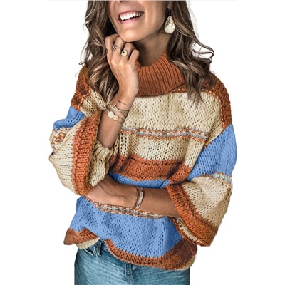 Бежево-голубой вязаный свитер с воротником по горло и пышными рукавами