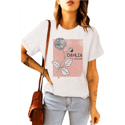 White Dahlia Letter Floral Print Short Sleeve Graphic Tee