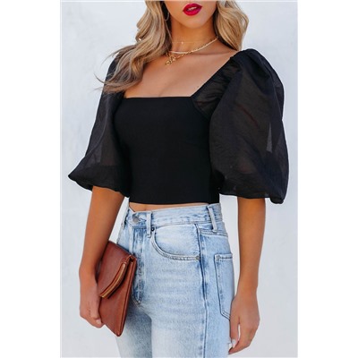 Black Solid Square Neck Puff Sleeve Crop Top