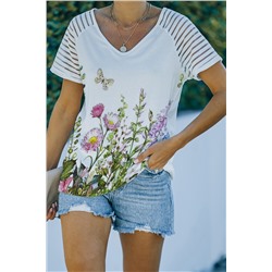 White Floral Print Mesh Patchwork V Neck Short Sleeve T Shirt
