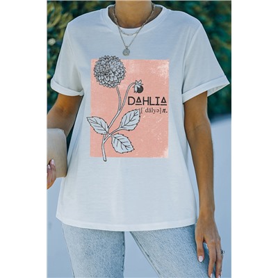 White Dahlia Letter Floral Print Short Sleeve Graphic Tee