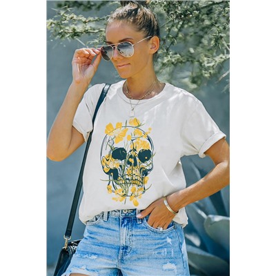 White Death Skull Floral Casual Graphic T-shirt